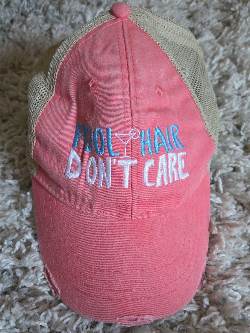 Women's Coral Pink 'Pool Hair Don't Care' Embroidered Cap
